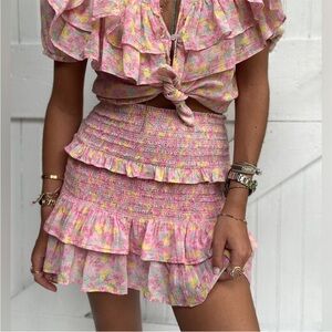 LoveShackFancy Sicily Pink Melon Floral Smocked Tiered Ruffle Mini Skirt Large